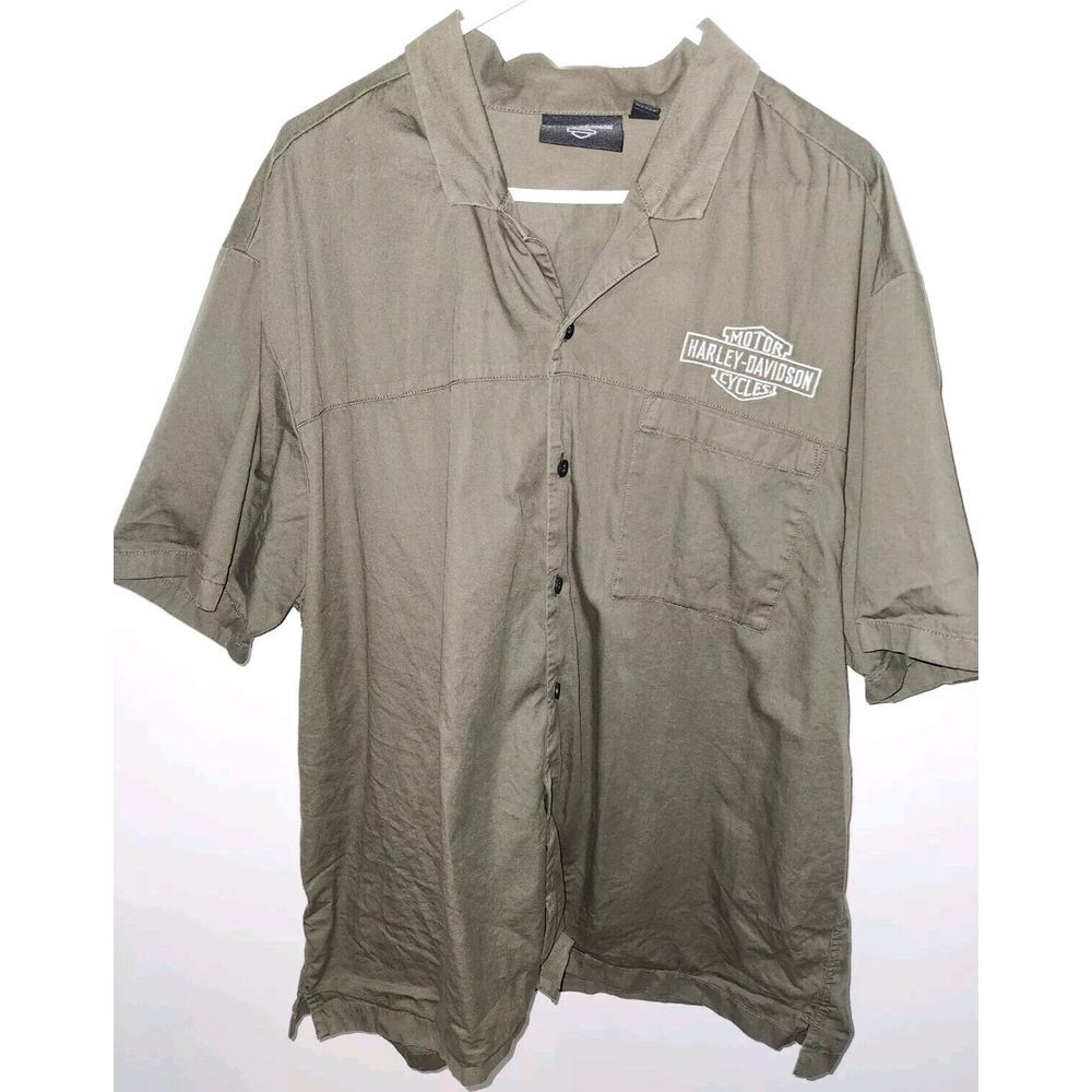 Harley Davidson Men's Shirt 2XL Olive Green Short Sleeve Button Front Pockets